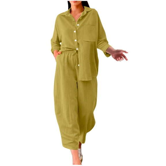 Fall Sets for Women 2 Piece New Women's Two Piece Cotton Linen Outfits Button Tops Wide Leg Pants Lounge Sets Summer Outfits Matching Sets Yellow XXL