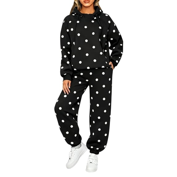 Fall Sets for Women Casual Long Sleeve Hoodies Matching Elastic Waist Joggers Polka Dot Cozy Lounge Teacher Outfits with Pockets Black XL