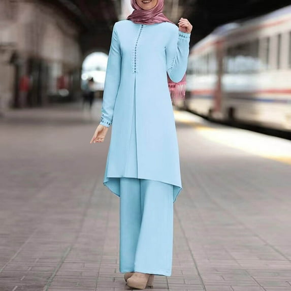 Fall Sets for Women Clothing Women Spring Solid Color Muslim Solid Color Long Sleeve Shirt Coat Wide Leg Trousers Suit