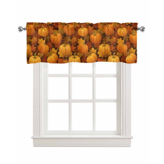 Fall Shade Short Curtain for Kitchen Pumpkin Thanksgiving Maple Leaves ,Window Treatment Valance Curtain for Bathroom Living Room Bedroom Privacy Rod Pocket Drapes 54" W x 18" L 1 Panel