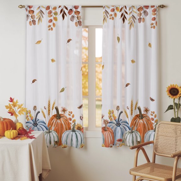Fall Sheer Curtain Panels Harvest Pumpkin Voile Window Curtains Autumn Maple Leaves Wheat Ears Sunflower Thanksgiving Window Treatments Curtain Drapes for Bedroom Living Room 2 Panel Set 63 Inch