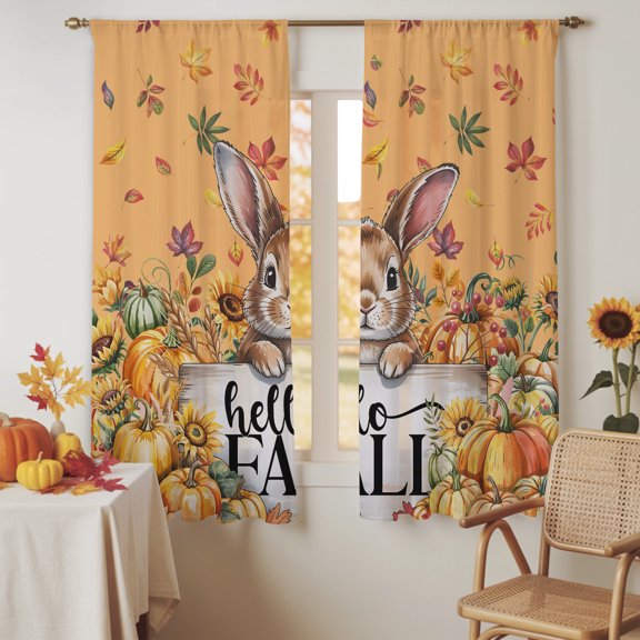 Fall Sheer Curtain Panels Hello Fall Bunny Voile Window Curtains Rabbit Orange Pumpkin Maple Leaves Thanksgiving Window Treatments Curtain Drapes for Bedroom Living Room 2 Panel Set 63 Inch