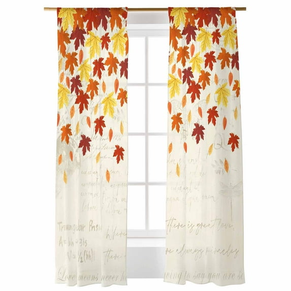 Fall Sheer Curtains 108 inches Long, Maple Leaf Thanksgiving Leaves Farmhouse Beige Letter Light Filtering Sheer Window Curtains Rod Pocket Voile Drapes for Bedroom Living Room, 52"W x 108"L 2 Panels