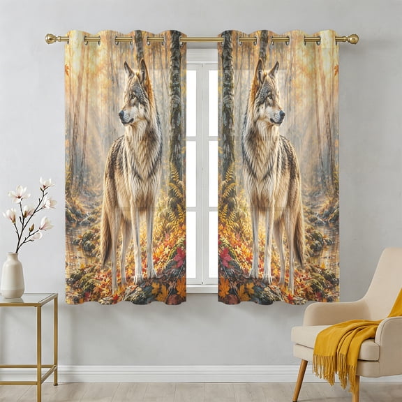 Fall Sheer Curtains 39 Inch Long 2 Panels, Timber Wolf Orange Maple Leaves Forest Creek Sunbeam Rustic Light Filtering Semi Sheer Drapes Grommet Voile Window Curtain for Living Bedroom W27.9 x L39