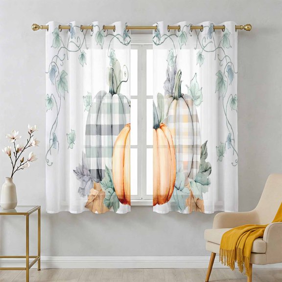 Fall Sheer Curtains 45 Inch Long 2 Panels, Watercolor Thanksgiving Orange Green Plaid Pumpkin Leaves Light Filtering Semi Sheer Drapes Grommet Voile Window Curtain for Living Bedroom W42 x L45
