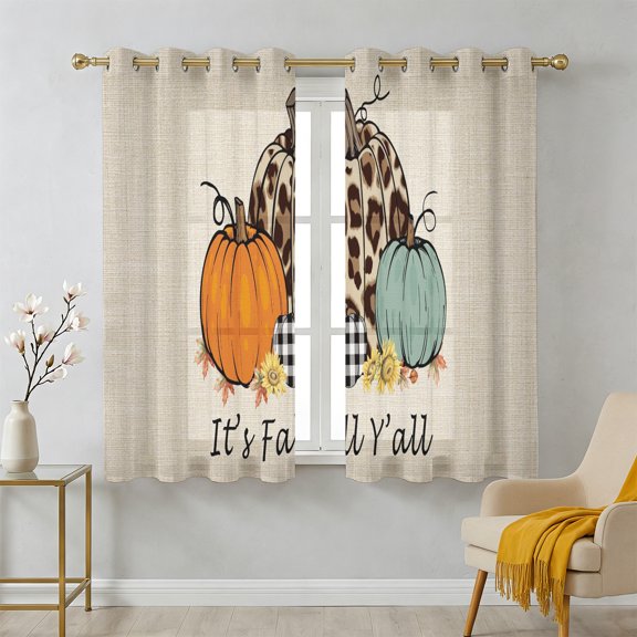 It's Fall Sheer Curtains 45 Inch Long 2 Panels, Y'all Leopard Plaid Pumpkin Harvest Linen Texture Light Filtering Semi Sheer Drapes Grommet Voile Window Curtain for Living Bedroom W42 x L45