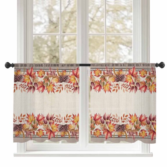 Fall Sheer Curtains 45 inches Long, Maple Leaf Pine Cones Harvest Vintage Linen Bottom Light Filtering Sheer Window Curtains Rod Pocket Voile Drapes for Bedroom Living Room, 52"W x 45"L 2 Panels