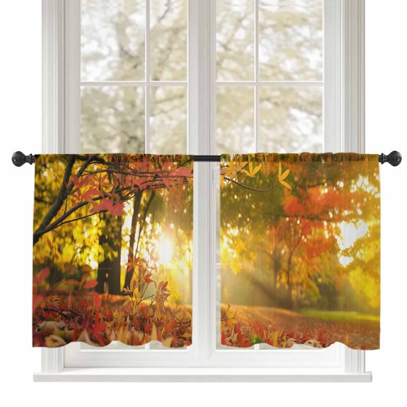Fall Sheer Curtains 54 inches Long, Leaf Maple Leaf Woods Sunset Nature Scenery Light Filtering Sheer Window Curtains Rod Pocket Voile Drapes for Bedroom Living Room, 52"W x 54"L 2 Panels