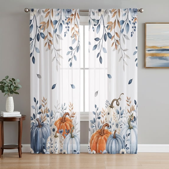Fall Sheer Curtains 63 Inch Length 2 Panels Set, Thanksgiving Orange Blue Pumpkins Eucalyptus Leaves Voile Window Treatment Rod Pocket Curtains Sheers for Bedroom/Living Room/Kitchen 52x"63"x2