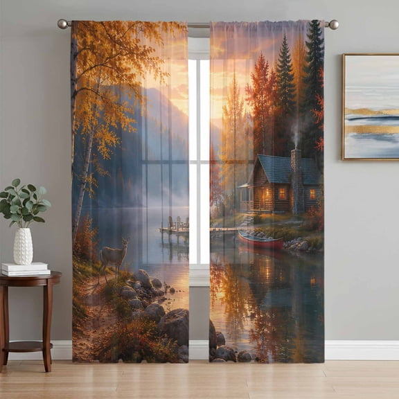 Fall Sheer Curtains 63 Inches Long, Autumn Maple Trees Leaves Mountains Cabins Deer Light Filtering Window Curtains for Living Room, Rod Pocket Voile Sheer Curtain Drapes, 52"W x 63"L, 2 Panels