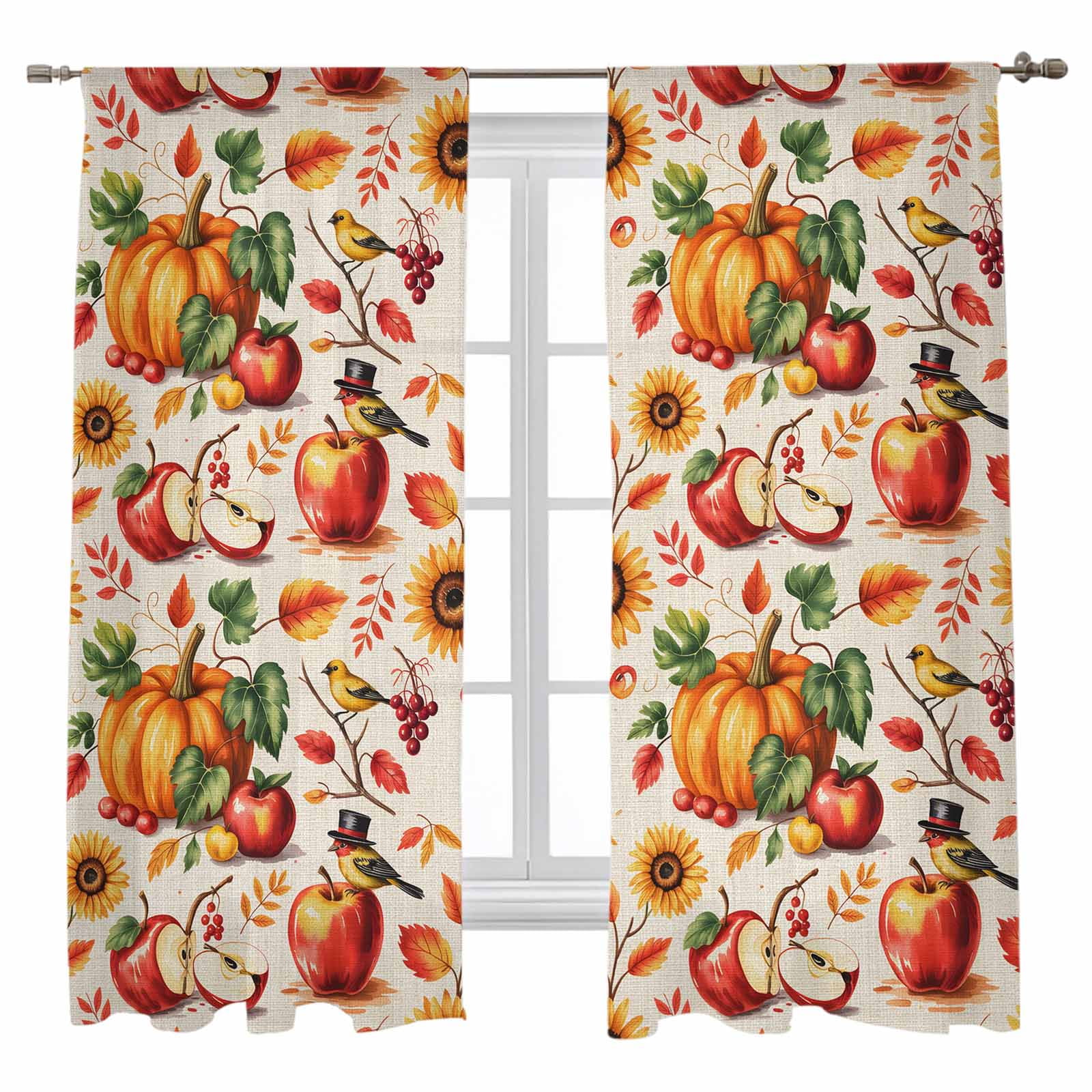 Fall Sheer Curtains 63 inches Long, Pumpkin Sunflower Sparrow Vintage