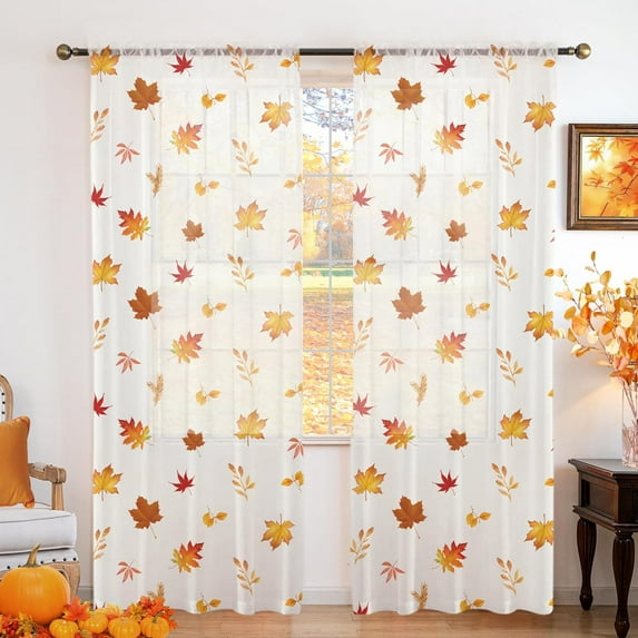 Fall Sheer Curtains for Living Room 63 Inches Long 2 Panels Orange Semi-Sheer Curtain with Maple Leaves Printed Pattern Fall Rod Pocket Voile Drapes for Bedroom, 52" W x 63" L