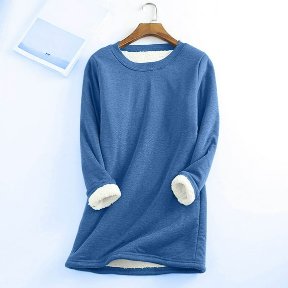 Fall Sherpa Lined Fleece Pull Over Sweaters for Women Y2K Loose Soft Long Sleeve Round Neck Sweatshirts Casual Solid Color Underwear Sweater Plus Size