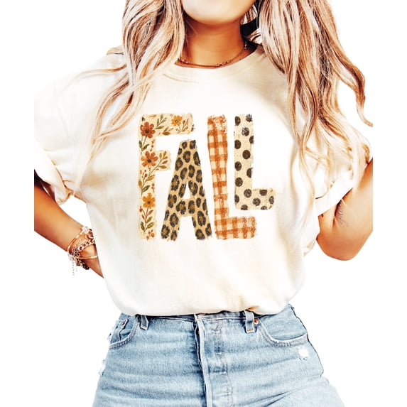 Fall Shirt for Women Leopard Floral Gingham Polka Dot Graphic Tee, Ivory Shirt, M