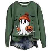 Clearance Deals yoeyez Halloween Shirts for Women Cute Ghosted Graphic 3/4 Sleeve Tees Crew Neck T Shirts Casual Loose Tunic Shirt Vacation Outfits Festival Tops