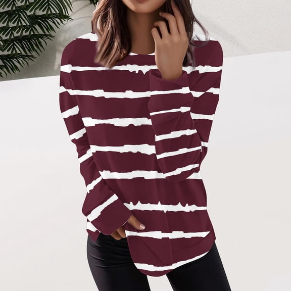 Fall Shirts Plus Size 3xl Sweatshirts for Women Women's Fashion Irregular Striped Printed T-Shirt Long Sleeves Blouse Round Neck Casual Tops Irregular Striped Sweatshirt Red S