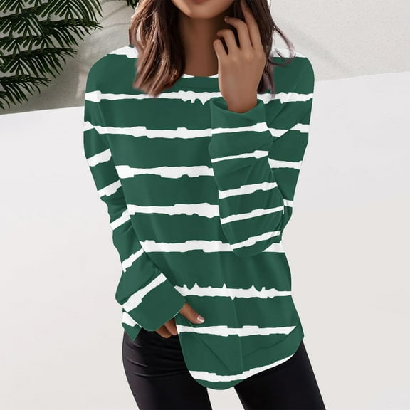 Fall Shirts Plus Size 3xl Sweatshirts for Women Women's Fashion Irregular Striped Printed T-Shirt Long Sleeves Blouse Round Neck Casual Tops Irregular Striped Sweatshirt Green XXL