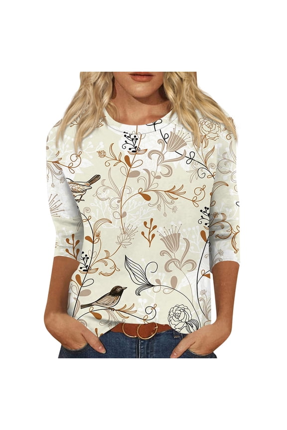 Fall Shirts Spring 3/4 Sleeve Retro T Shirts Womens Work Plus Size Scoop Neck Tops