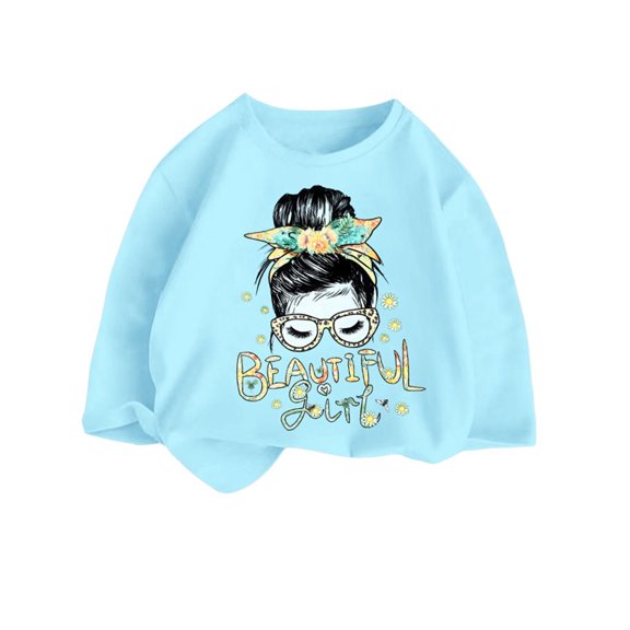 Fall Shirts for Girls Fashionable Printed Loose Round Neck Blue Going Out Fall Tops for 2-4 Years