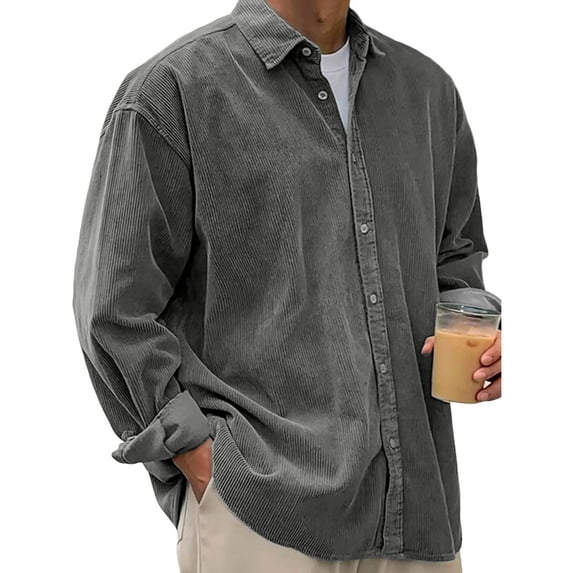 Fall Shirts for Men Casual Corduroy Button Down Long Sleeve Overshirt Loose Solid Color Shirt Dark Gray S