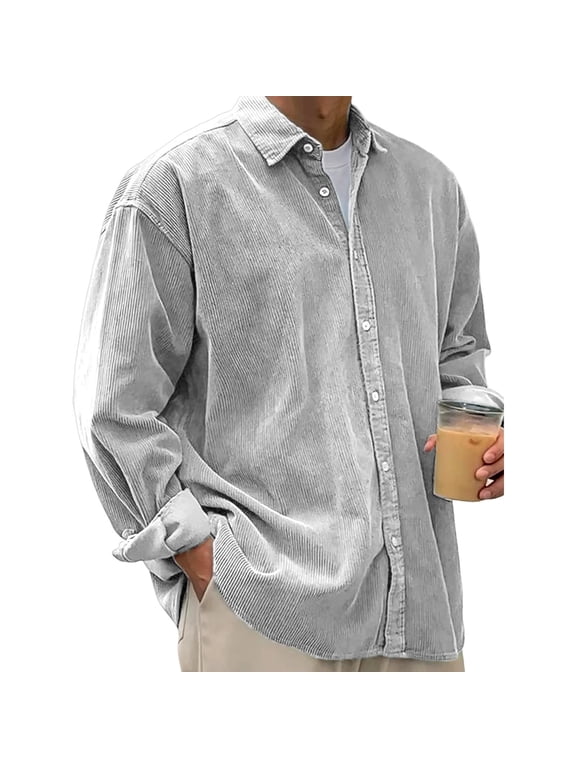 Fall Shirts for Men Casual Corduroy Button Down Long Sleeve Overshirt Loose Solid Color Shirt Light Gray S