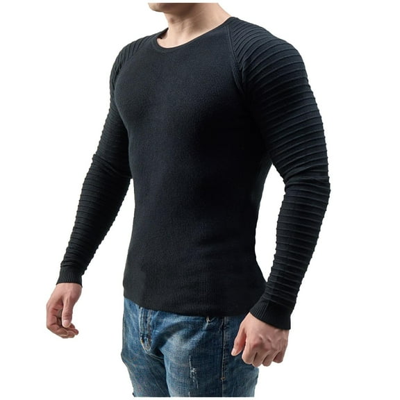 Fall Shirts for Men Casual Solid Round Neck Pullover Long Sleeve Sweater Slim Fit Bottoming Knit Top