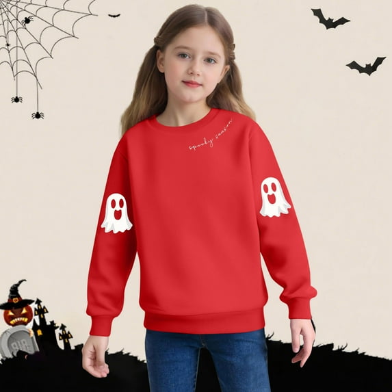 Fall Shirts for Toddler Girls New Cute Spooky Sweatshirts Kids Halloween Crewneck Long Sleeve Ghost Printed Pullover Tops for Girls Boys Red 4 Y