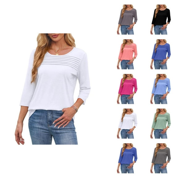 Fall Shirts for Women 2025 3/4 Sleeve Pleated Front Crewneck Curved Hem Going Out Tops Long Sleeve Shirts for Women