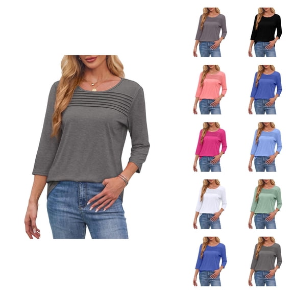 Fall Shirts for Women 2025 3/4 Sleeve Pleated Front Crewneck Curved Hem Going Out Tops Long Sleeve Shirts for Women