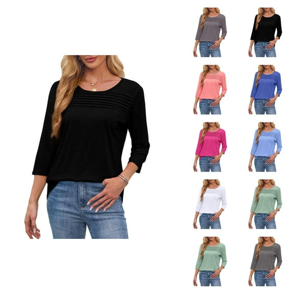 Fall Shirts for Women 2025 3/4 Sleeve Pleated Front Crewneck Curved Hem Going Out Tops Long Sleeve Shirts for Women