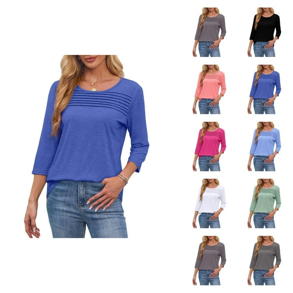 Fall Shirts for Women 2025 3/4 Sleeve Pleated Front Crewneck Curved Hem Going Out Tops Long Sleeve Shirts for Women
