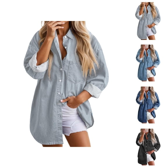Fall Shirts for Women 2025 Button Down Denim Shirt Lapel Business Casual Tops Blouse Long Sleeve Shirts for Women