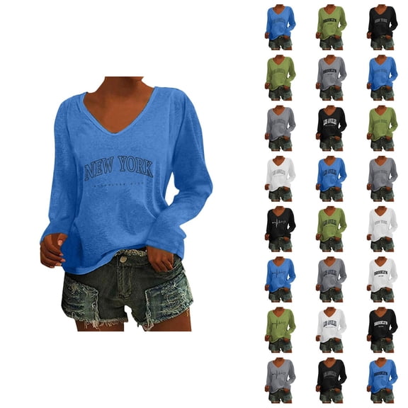 Fall Shirts for Women 2025 Fashion City Print Loose V-Neck Casual Going Out Tops Blouse Long Sleeve Shirts for Women