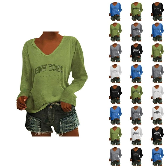 Fall Shirts for Women 2025 Fashion City Print Loose V-Neck Casual Going Out Tops Blouse Long Sleeve Shirts for Women