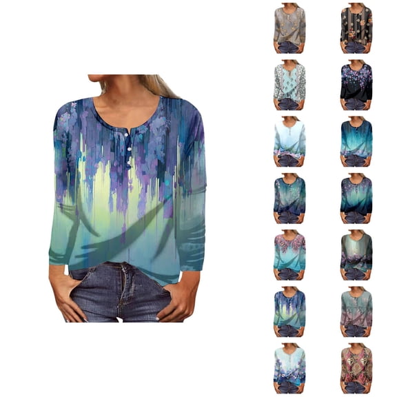 Fall Shirts for Women 2025 Floral Print Button Scoop Neck Casual Going Out Tops Blouse Long Sleeve Shirts for Women