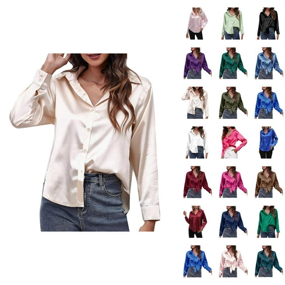 Fall Shirts for Women 2025 Long Sleeve Button Down Collared Loose Fit Business Casual Blouse Satin Shirt