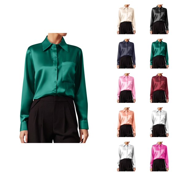 Fall Shirts for Women 2025 Long Sleeve Button Down Collared Satin Shirt Business Casual Tops Dressy Blouses for Women