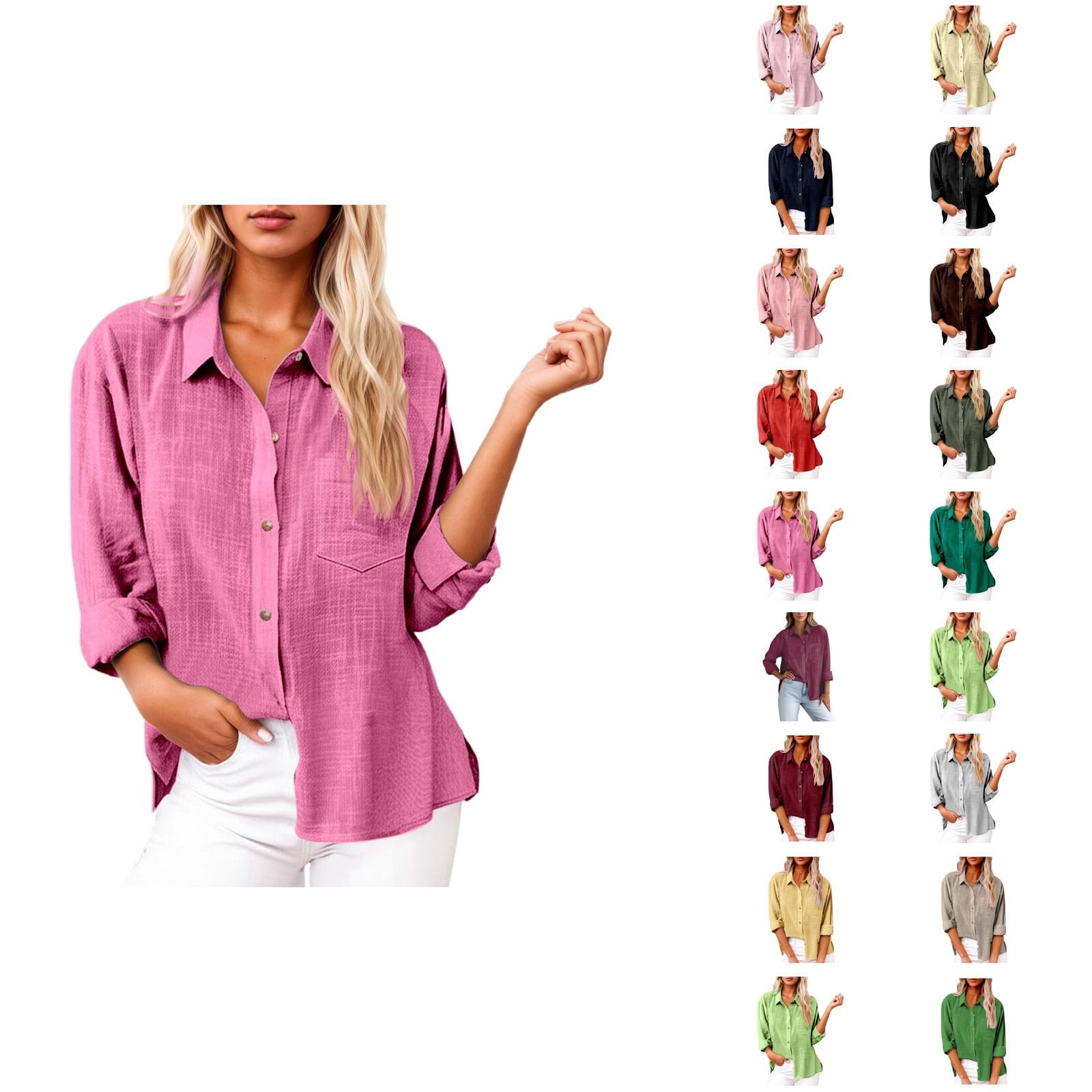 Fall Shirts for Women 2025 Long Sleeve Button Down Collared Slit Linen ...