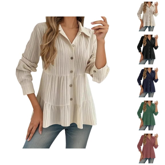 Fall Shirts for Women 2025 Long Sleeve Button Up Collared Pleated Dressy Casual Blouse Tops Tshirt Shirt