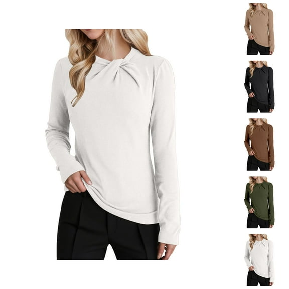 Fall Shirts for Women 2025 Long Sleeve Crewneck Twist Front Slim Fit Undershirt Trendy Casual Basic Shirts