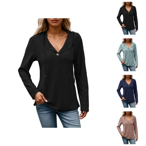 Fall Shirts for Women 2025 Long Sleeve Eyelet Button Hooded Shirt Breathable Hoodie Loose Blouse Pullover Tops