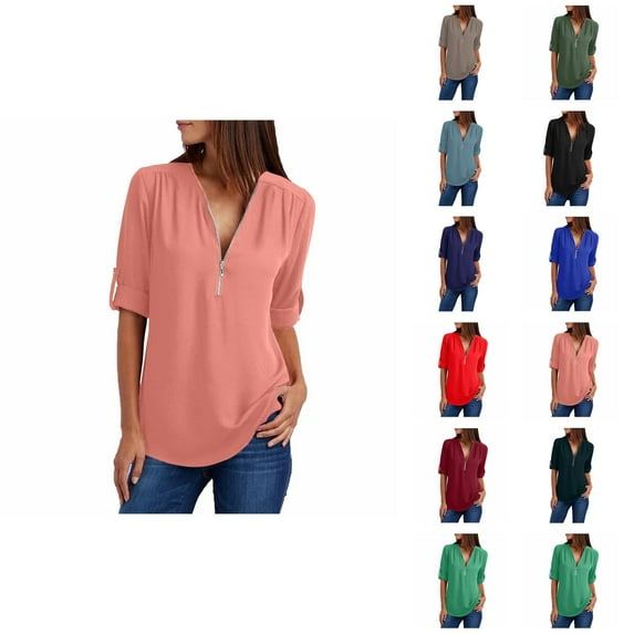 Fall Shirts for Women 2025 Long Sleeve Half Zipper V-Neck Loose Fit Casual Chiffon Shirt Blouse Tops
