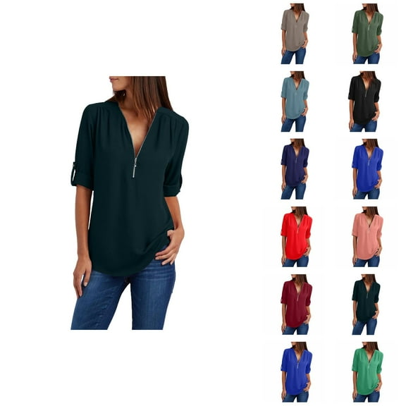 Fall Shirts for Women 2025 Long Sleeve Half Zipper V-Neck Loose Fit Casual Chiffon Shirt Blouse Tops