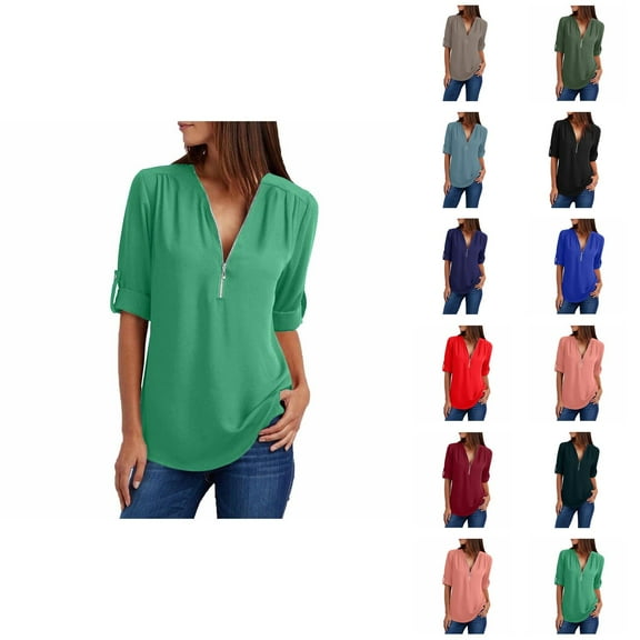 Fall Shirts for Women 2025 Long Sleeve Half Zipper V-Neck Loose Fit Casual Chiffon Shirt Blouse Tops