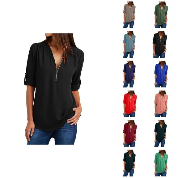 Fall Shirts for Women 2025 Long Sleeve Half Zipper V-Neck Loose Fit Casual Chiffon Shirt Blouse Tops