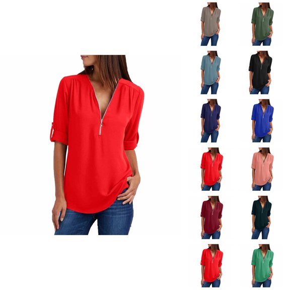 Fall Shirts for Women 2025 Long Sleeve Half Zipper V-Neck Loose Fit Casual Chiffon Shirt Blouse Tops