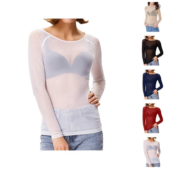 Fall Shirts for Women 2025 Long Sleeve Lightweight See Through Sheer Mesh Crewneck Undershirt Blouse Tops