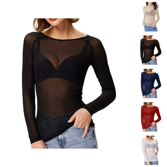 Fall Shirts for Women 2025 Long Sleeve Lightweight See Through Sheer Mesh Crewneck Undershirt Blouse Tops