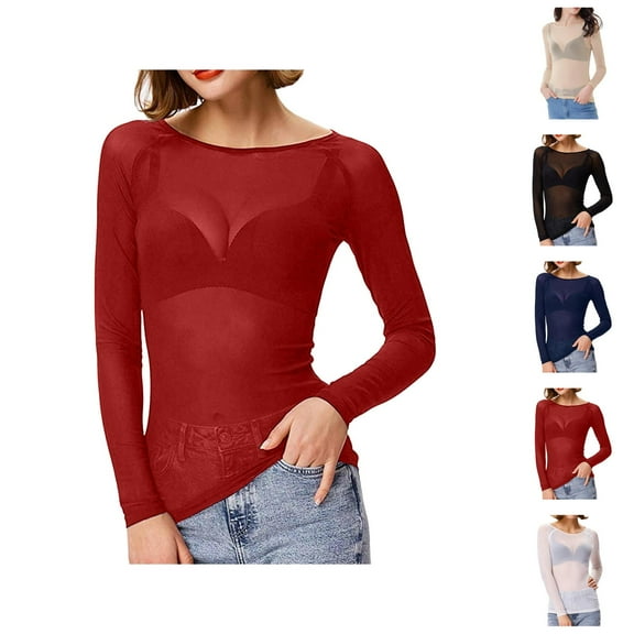Fall Shirts for Women 2025 Long Sleeve Lightweight See Through Sheer Mesh Crewneck Undershirt Blouse Tops