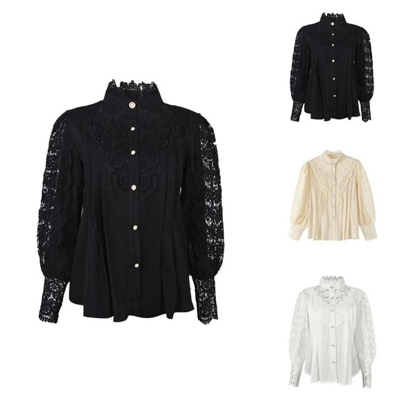 Fall Shirts for Women 2025 Long Sleeve Neck Button Down Sheer Lace Casual Loose Blouse Shirt Going Out Tops